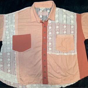 POL Pink and White Lace Detail Mixed Media Top Boho Shabby Chic Layering Piece